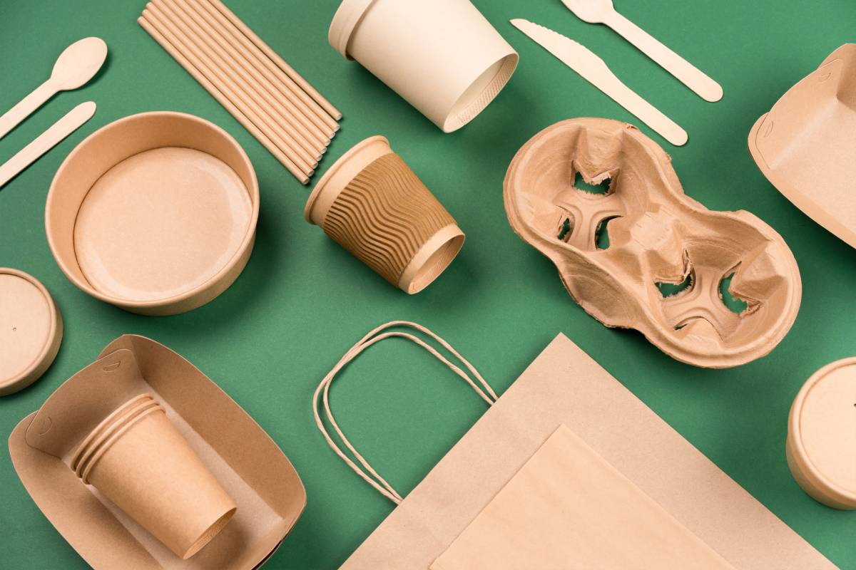 Paper cups and containers, wooden cutlery, zero waste packaging concept.